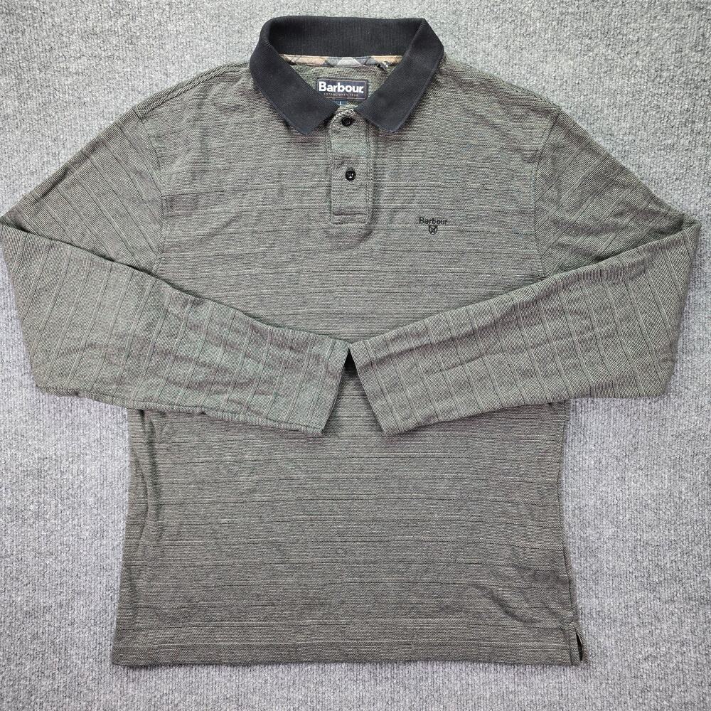 Barbour Polo Shirt Mens Large Gray Black Knit Striped Long Sleeve Cotton Casual